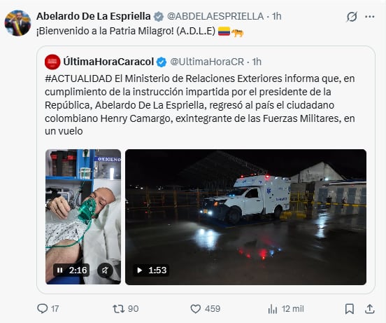 El presidente de la República, Abelardo de la Espriella le dio la bienvenida al exintegrante de las Fuerzas Militares - crédito @ABDELAESPRIELLA/X