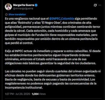 Para la gobernadora, el Estado no puede permitir que las cárceles continúen siendo centros desde donde se dirigen estructuras delincuenciales - crédito @mmarguiguerra/X