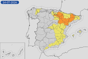 Mapa do alerta meteorológico de altas temperaturas, chuvas e tempestades para esta terça-feira, 14 de julho de 2026. (Aemet)