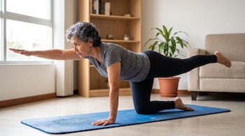 Mujer con camiseta gris y leggings negros realiza ejercicio bird-dog en colchoneta azul dentro de una casa, con estante y planta detrás.