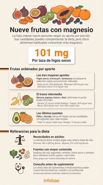 Infografía con ilustraciones de frutas, valores en miligramos de magnesio por porción, datos de consumo diario y el logotipo de Infobae.