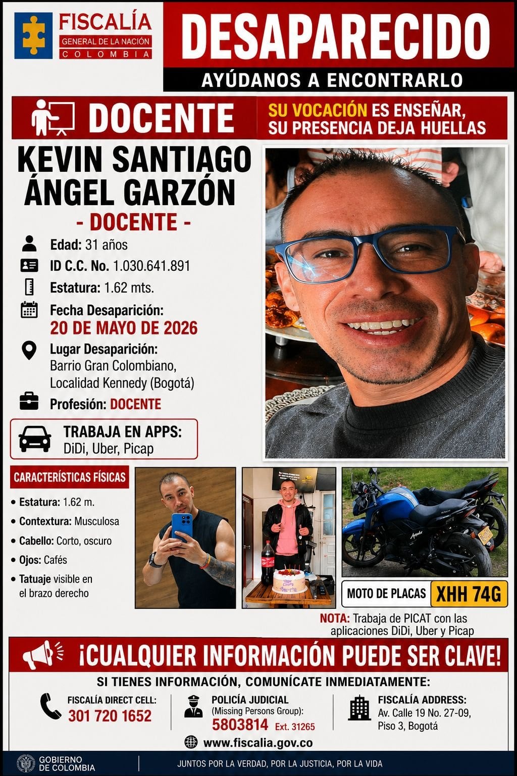 La desaparición de Kevin Santiago Ángel se registró tras perder comunicación con su familia el 20 de mayo, cuando salía de un gimnasio en Kennedy - crédito X