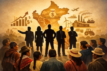 Una ilustración muestra siluetas de candidatos presidenciales frente a un mapa de Perú con símbolos económicos, observados por personas de diversas regiones peruanas.