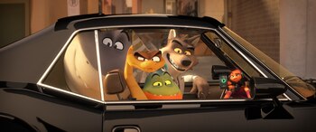 From left: Mr. Shark (Craig Robinson), Mr. Piranha (Anthony Ramos), Mr. Snake (Marc Maron), Mr. Wolf (Sam Rockwell), and Ms. Tarantula (Awkwafina) in DreamWorks Animation’s The Bad Guys, directed by Pierre Perifel.