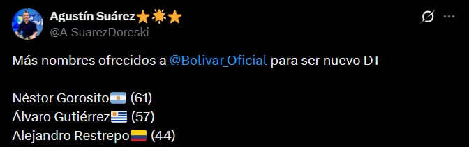 Alejandro Restrepo tendría opción de dirigir a Bolívar de La Paz, aunque no se tiene información de contactos - crédito @A_SuarezDoreski/X