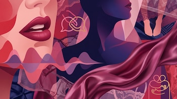 Collage vectorial en tonos rojos y morados con labios, ondas de sonido, una silueta humana, tela de satén, encaje y unos pies.