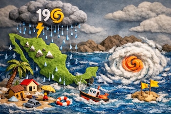 Mapa de México bajo una nube de lluvia con el número 19 y un rayo, casas en la costa, persona con paraguas, barco y un ciclón en el mar