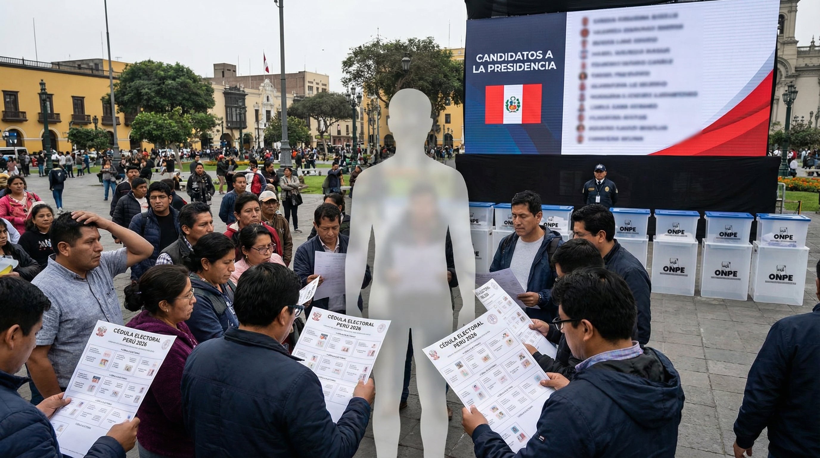 Ciudadanos peruanos estudian una extensa cédula electoral con 35 opciones presidenciales para las elecciones de 2026, expresando incertidumbre y reflexión ante la silueta de un candidato genérico en una plaza pública. (Imagen Ilustrativa Infobae)