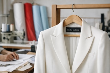Saco blanco en perchero de madera con etiqueta "Hecho en Perú". Al fondo, manos trabajan tela, rollos de tela y máquina de coser.