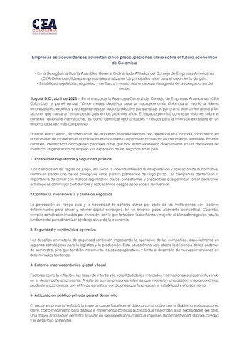 El CEA Colombia identificó cinco preocupaciones clave que hoy están incidiendo directamente en las decisiones
de inversión, la generación de empleo y la expansión de los negocios en el país - crédito CEA Colombia