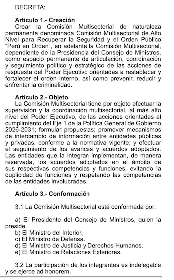 Texto impreso de un decreto que estipula la creación, objeto y conformación de la comisión Perú en Orden