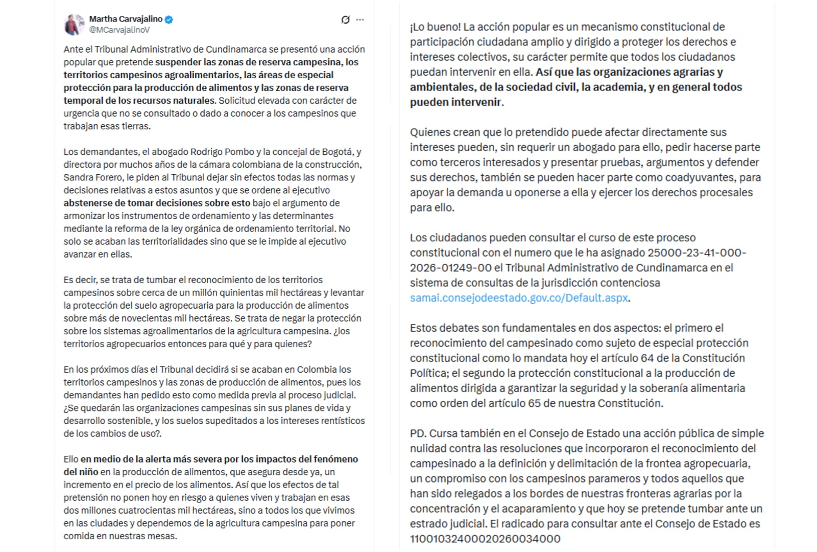 La exministra Martha Carvajalino advirtió sobre acción popular contra reservas campesinas - crédito @MCarvajalinoV/X