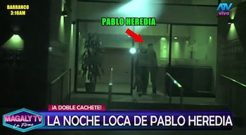 Hombre dentro de edificio con puertas de vidrio y luz interior. Flecha roja y "PABLO HEREDIA". Textos: "BARRANCO 3:16AM", "ATV vivo", "Magaly TV La Firme"
