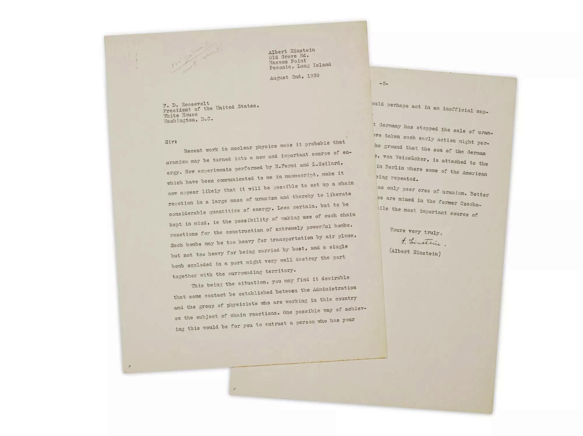 Misiva que Albert Einstein remitió en 1939 al presidente Franklin D. Roosevelt, donde advertía al mandatario estadounidense de la capacidad de la Alemania de Adolf Hitler para desarrollar una bomba nuclear, que se vendió por 3,922 millones de dólares