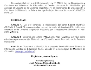 Documento oficial con resolución ministerial del Ministerio de Educación. El texto en español designa a Tania Estefany Ramírez García y tiene la firma del ministro
