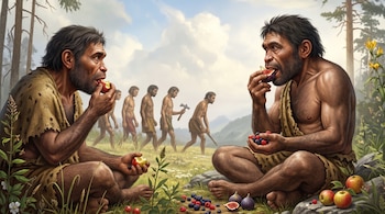 Dos hombres primitivos comen frutas sentados. Detrás, otros cuatro hombres primitivos caminan. Hay árboles, pasto, rocas y bayas en el suelo.