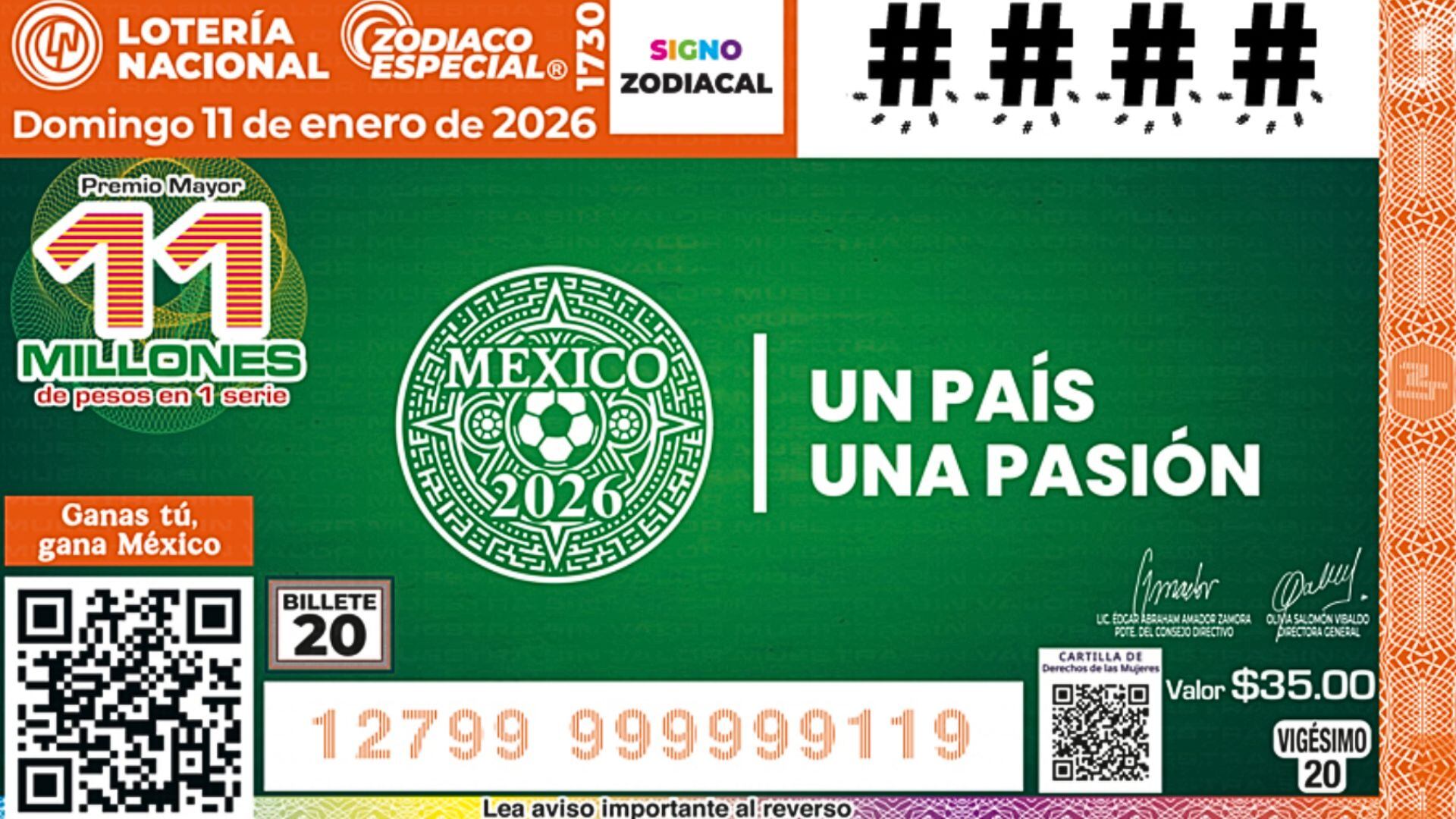 Premio mayor y números ganadores de la noche de este domingo 11 de enero de 2026. (Lotería Nacional)