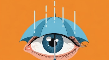 Ilustración plana de un ojo humano con iris azul y pupila negra, cubierto por un paraguas celeste que bloquea rayos de sol blancos sobre un fondo naranja.