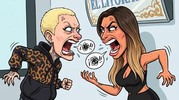 Caricatura de dos mujeres gritándose furiosamente; una con pelo corto rubio y sudadera de leopardo, la otra con pelo largo castaño y top negro.