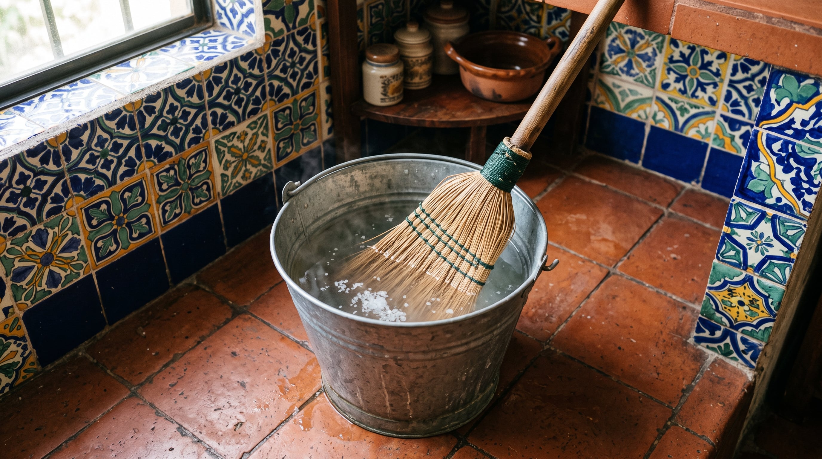 Una escoba de fibras naturales reposa en un balde metálico con agua y sal sobre el piso de terracota de una cocina con azulejos. (Imagen Ilustrativa Infobae)