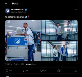 Así reportó la cuenta oficial del cuadro embajador su llegada a la Sucursal del Cielo - crédito @MillosFCOficial / X