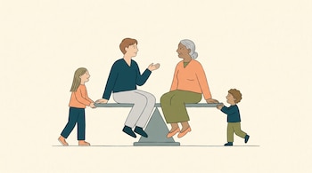 Ilustración plana de dos adultos sentados en una balanza equilibrada, con una adolescente y un niño pequeño a los lados. La atmósfera es de armonía.