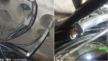 Cables negros dañados en una cámara subterránea; un cable seccionado revela hebras de fibra óptica de colores con la fecha 01/07/2026