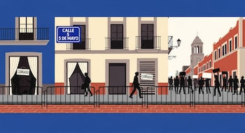 Ilustración plana de la Calle 5 de Mayo en el Centro Histórico de Ciudad de México, con edificios coloniales, negocios cerrados, vallas y siluetas de manifestantes.