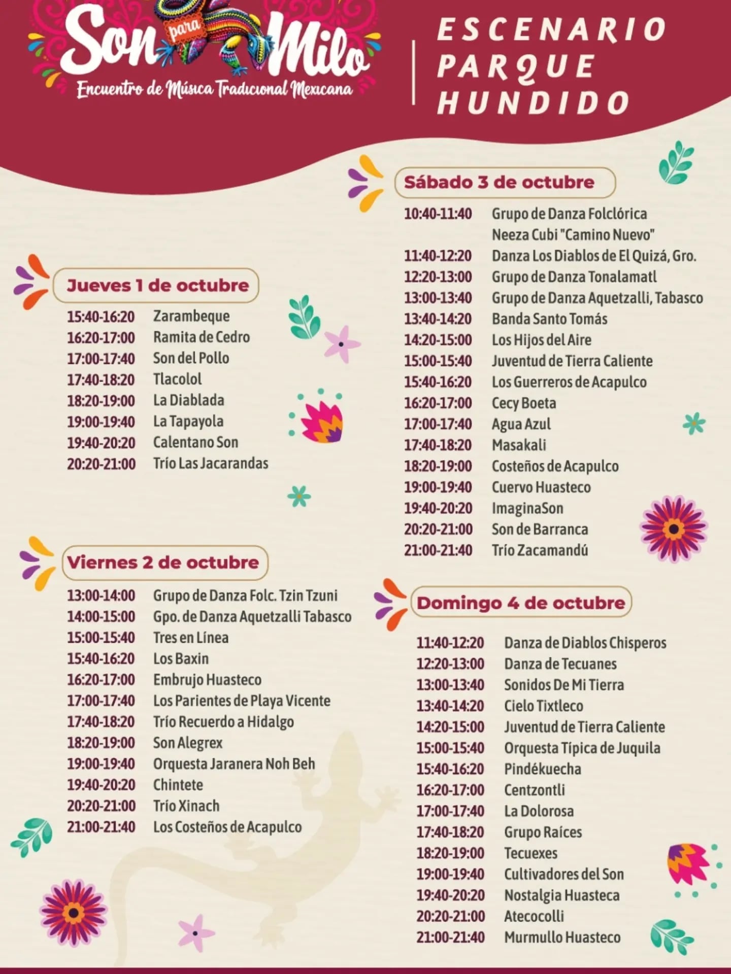 El cartel detalla las fechas, horarios y agrupaciones musicales del encuentro Son para Milo en el escenario del Parque Hundido, del jueves 1 al domingo 4 de octubre. (Alcaldía Azcapotzalco)