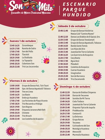 Cartel informativo con un calendario de horarios y artistas para el encuentro Son para Milo del 1 al 4 de octubre
