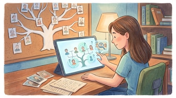 Ilustración de una mujer frente a una tableta que muestra un árbol genealógico, junto a notas, fotos en corcho y libros.