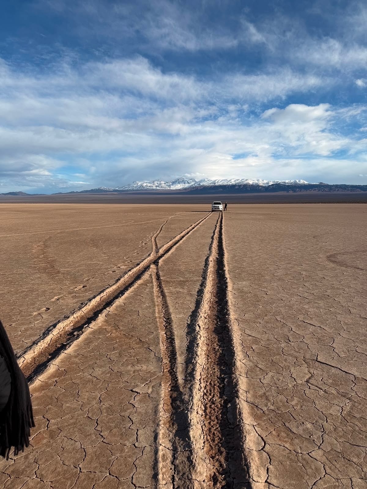 La camioneta retrocedió entre 200 y 300 metros para salir del barro y multiplicó las huellas sobre la planicie de la Pampa del Leoncito (PaseAndo)