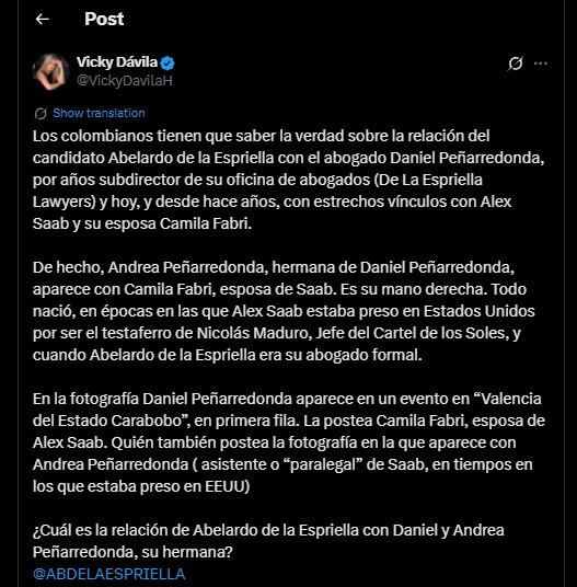 Vicky Dávila cuestionó la cercanía de Abelardo De la Espriella con el abogado Peñarredonda - crédito @VickyDavilaH