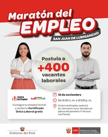 La actividad se realizará el miércoles 12 de noviembre, de 9 a 12 horas, en avenida Germanio con jirón Vanadio, cerca del paradero 17 de la avenida Las Flores - Créditos: MTPE.