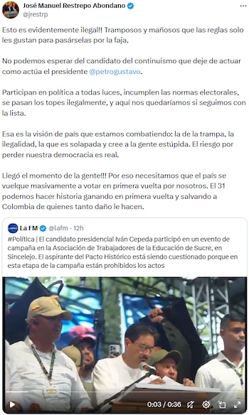 José Manuel Restrepo denunció irregularidades y exigió respaldo masivo en las urnas - crédito @jrestrp/X