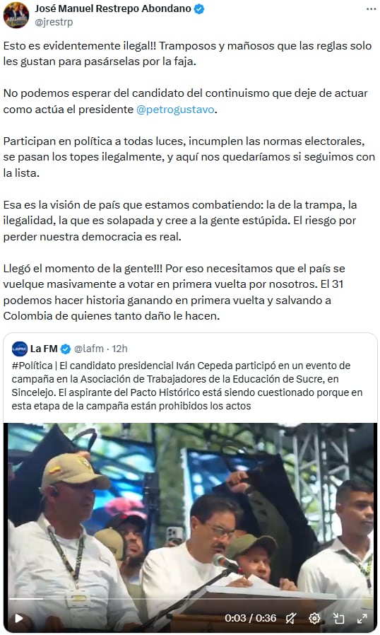 José Manuel Restrepo denunció irregularidades y exigió respaldo masivo en las urnas - crédito @jrestrp/X