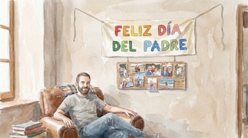 Hombre con barba sentado en sillón marrón, junto a ventana, con pila de libros, letrero "Feliz Día del Padre" y tablero con fotos familiares.