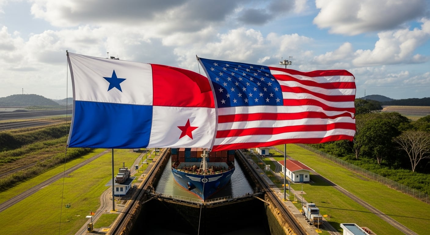 Las banderas de Panamá y Estados Unidos ondean sobre el Canal de Panamá mientras un buque de carga transita la esclusa. (Imagen Ilustrativa Infobae)