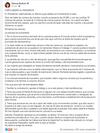 Carta abierta de Patricia Bullrich