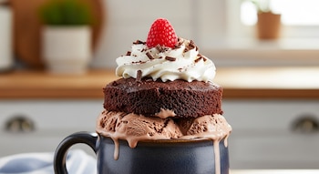 Primer plano de un bizcocho de chocolate en una taza con helado de chocolate derretido, cubierto con crema batida, virutas y una frambuesa roja.