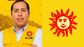 Retrato de un hombre con chaleco amarillo con un logotipo de sol junto a la imagen ampliada del mismo sol en un fondo amarillo