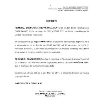 El tribunal consideró que dejar de ejercer el cargo de congresista no significa que desaparezcan las circunstancias de riesgo, especialmente cuando pueden existir nuevas condiciones relacionadas con la trayectoria y la actividad política de la exrepresentante - crédito Tribunal Administrativo de Cundinamarca