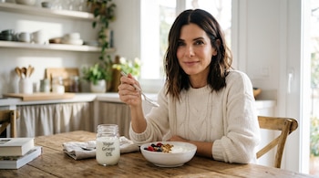 Sandra Bullock sentada a la mesa sosteniendo una cuchara junto a un tazón de yogur con frutas y un frasco de cristal.