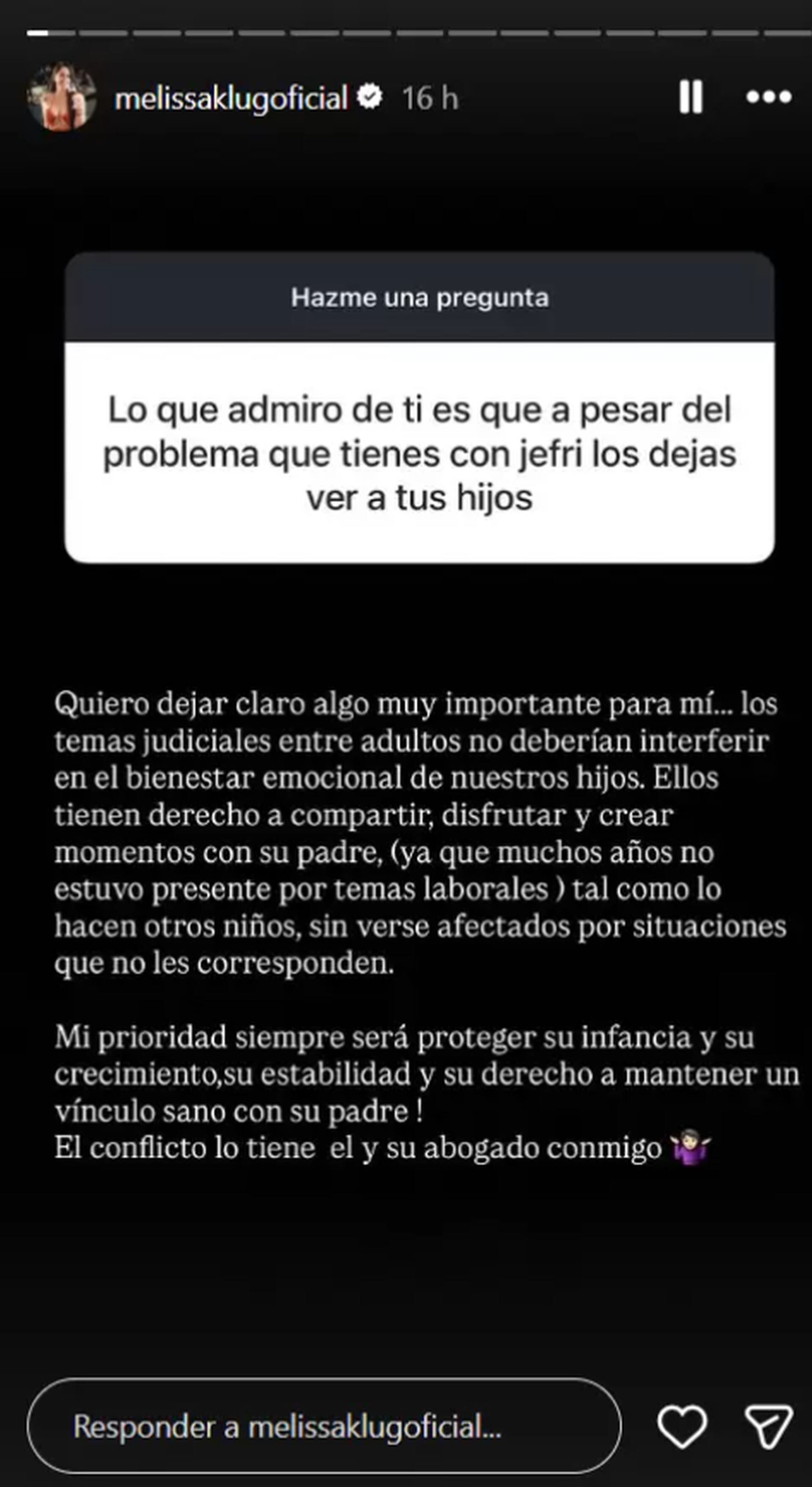 Una pregunta directa en Instagram llevó a Melissa Klug a exponer públicamente su postura sobre la crianza. Su mensaje apuntó a proteger a sus hijos y evitar que los conflictos entre adultos los afecte (Instagram)