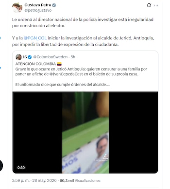 El presidente Gustavo Petro investigar caso de supuesta prohibición de exposición de propaganda política en las casas de Jericó, Antioquia - crédito @petrogustavo/X