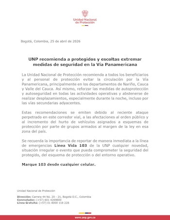 La Unidad Nacional de Protección emitió recomendaciones para sus beneficiarios ante ola de violencia en Valle del Cauca y Cauca - crédito @UNPColombia/X