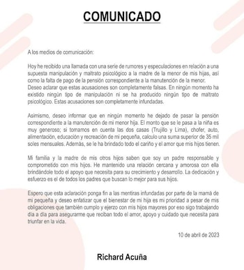 Comunicado de Richard Acuña. (Instagram)