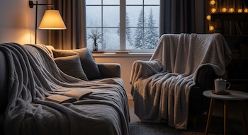 Una habitación con sofás y sillón cubiertos por mantas gruesas, lámpara encendida y un libro abierto sobre el sofá, con nieve y árboles visibles por la ventana.