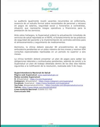 El informe de Supersalud reveló fallas en la comunicación con pacientes y familiares, además de registros incompletos en las historias clínicas - crédito Supersalud