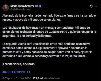 La congresista estadounidense María Elvira Salazar celebró el paso de Abelardo de la Espriella a la segunda vuelta presidencial y expresó su respaldo - crédito María Elvira Salazar/X